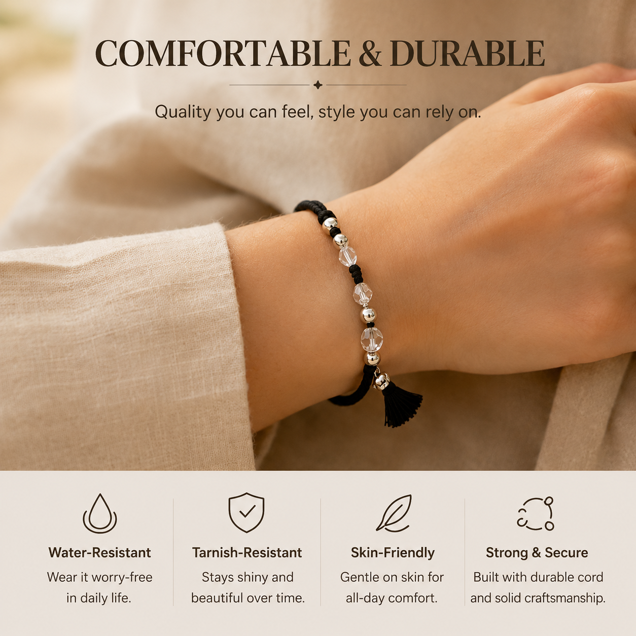 Lightweight Crystal Beaded Cord Bracelet, Tarnish-Resistant Everyday Jewelry