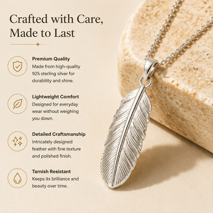 Lightweight Silver Feather Pendant Necklace, Symbol of Freedom & Strength for Women