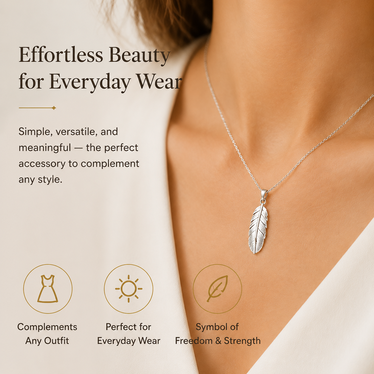 Lightweight Silver Feather Pendant Necklace, Symbol of Freedom & Strength for Women