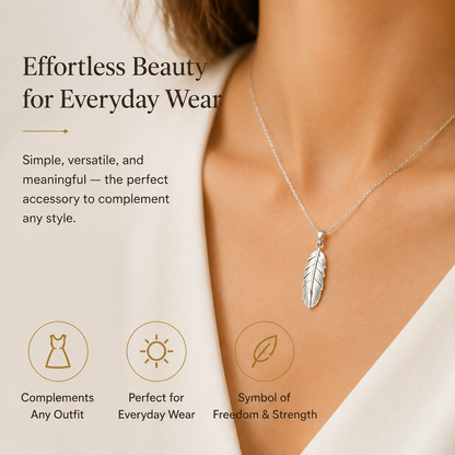 Lightweight Silver Feather Pendant Necklace, Symbol of Freedom & Strength for Women