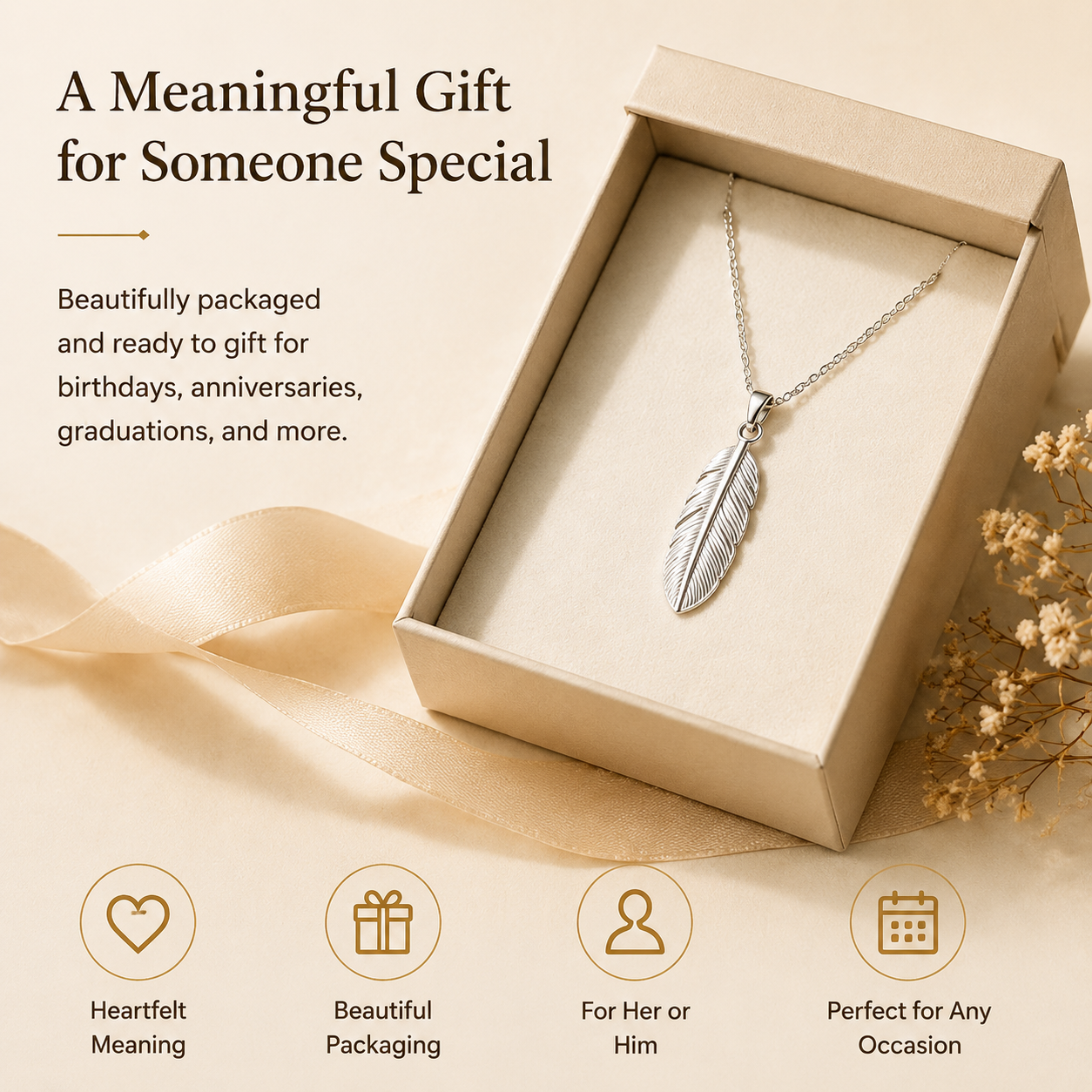 Lightweight Silver Feather Pendant Necklace, Symbol of Freedom & Strength for Women