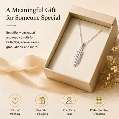 Lightweight Silver Feather Pendant Necklace, Symbol of Freedom & Strength for Women
