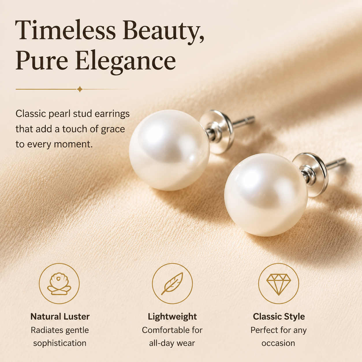 High-Luster Pearl Stud Earrings, Hypoallergenic Silver Earrings for Sensitive Ears