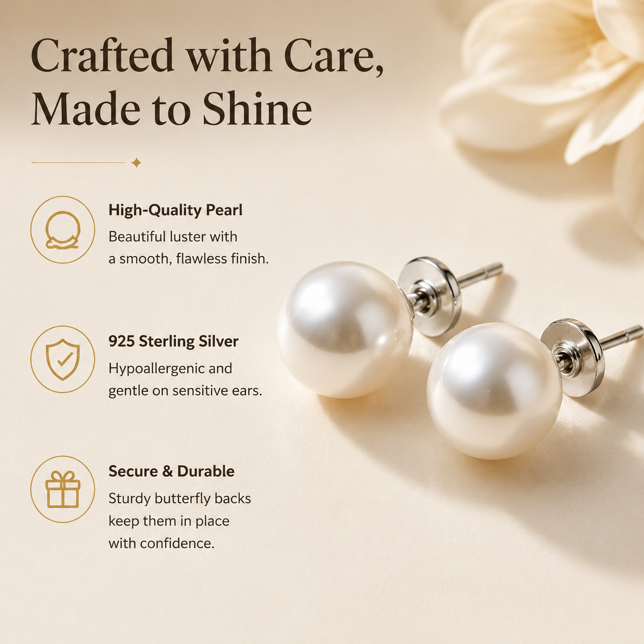 High-Luster Pearl Stud Earrings, Hypoallergenic Silver Earrings for Sensitive Ears