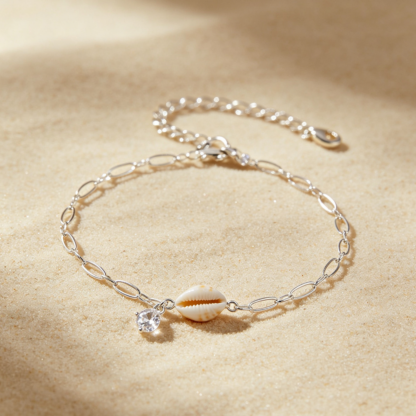 Ocean-Inspired Natural Shell Bracelet with Zircon, Adjustable Silver Chain for Women