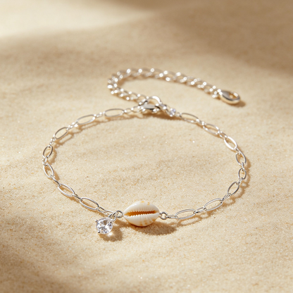 Ocean-Inspired Natural Shell Bracelet with Zircon, Adjustable Silver Chain for Women