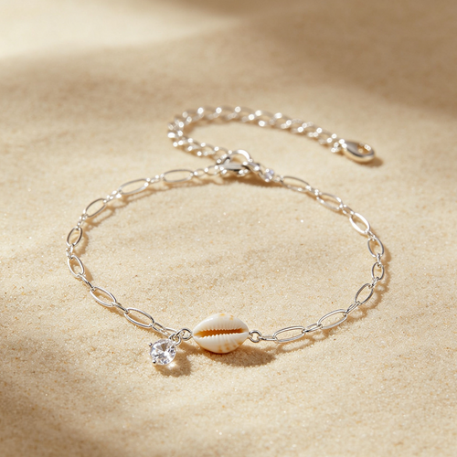Ocean-Inspired Natural Shell Bracelet with Zircon, Adjustable Silver Chain for Women