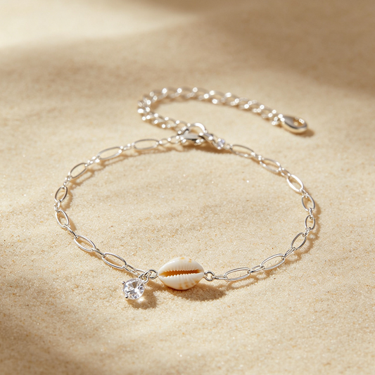Ocean-Inspired Natural Shell Bracelet with Zircon, Adjustable Silver Chain for Women