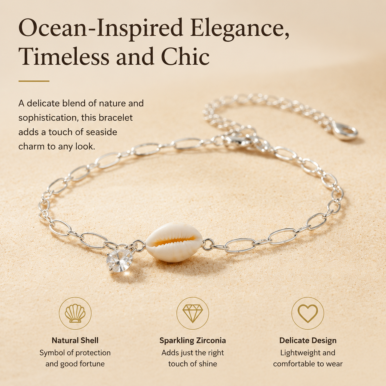 Ocean-Inspired Natural Shell Bracelet with Zircon, Adjustable Silver Chain for Women