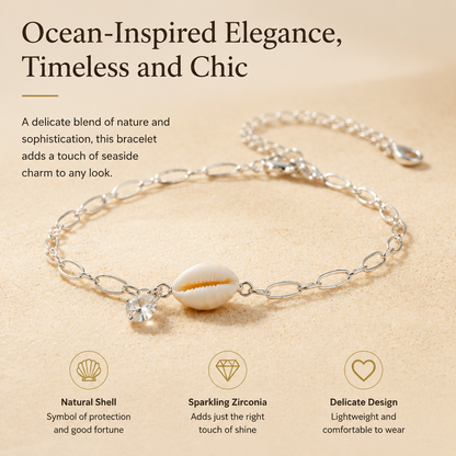 Ocean-Inspired Natural Shell Bracelet with Zircon, Adjustable Silver Chain for Women