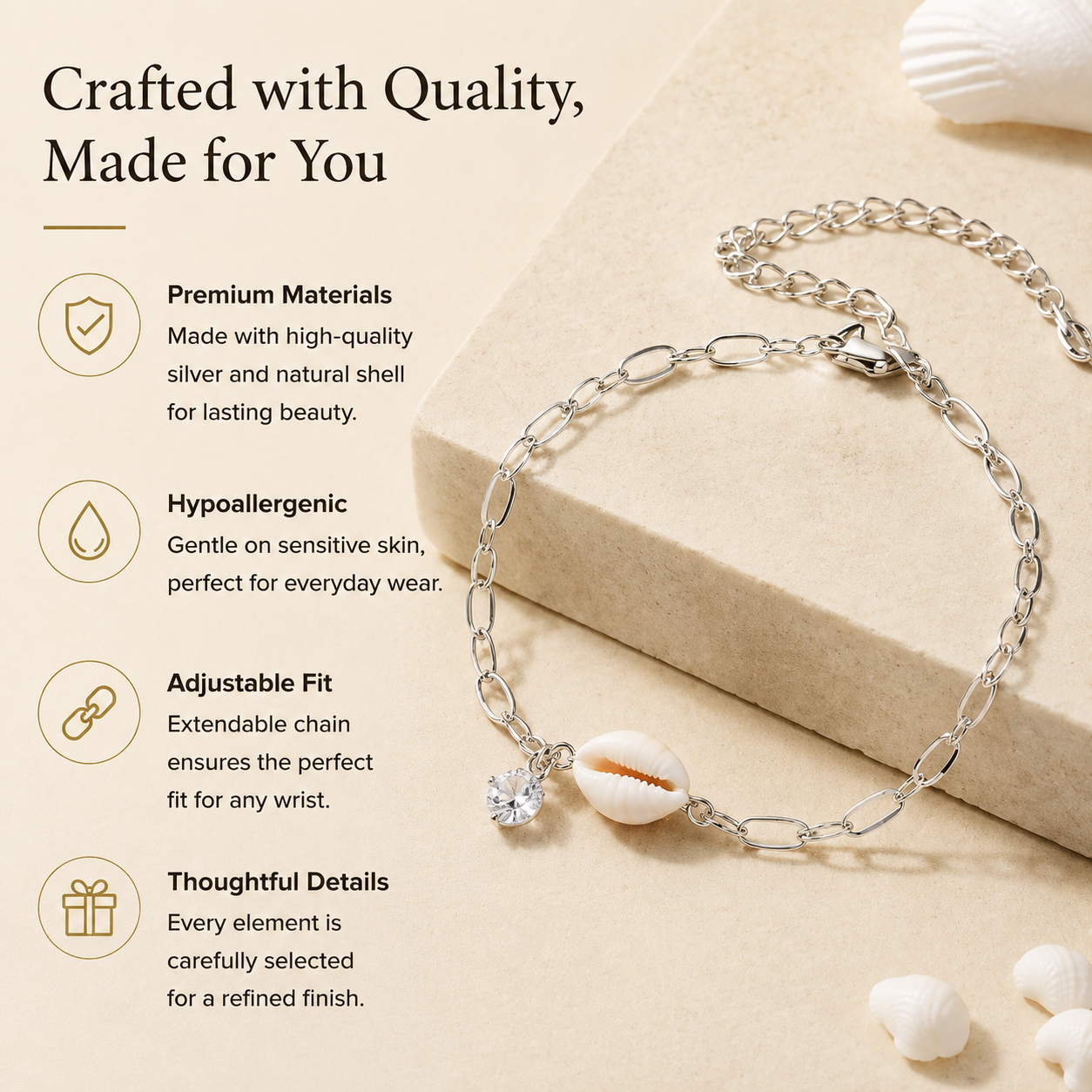 Ocean-Inspired Natural Shell Bracelet with Zircon, Adjustable Silver Chain for Women