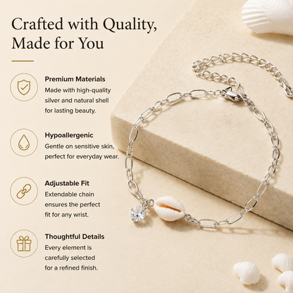 Ocean-Inspired Natural Shell Bracelet with Zircon, Adjustable Silver Chain for Women