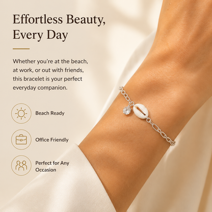 Ocean-Inspired Natural Shell Bracelet with Zircon, Adjustable Silver Chain for Women