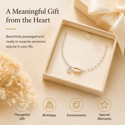 Ocean-Inspired Natural Shell Bracelet with Zircon, Adjustable Silver Chain for Women