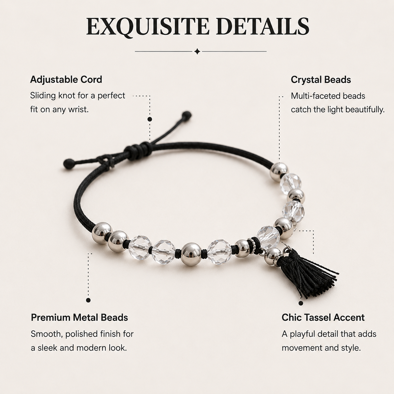 Lightweight Crystal Beaded Cord Bracelet, Tarnish-Resistant Everyday Jewelry