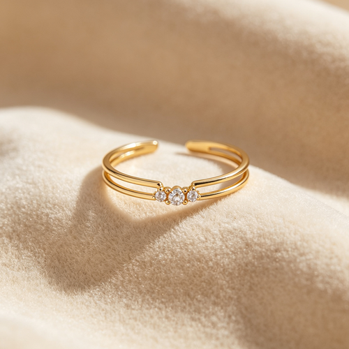 Delicate Three-Stone Open Ring, Adjustable Stackable Gold-Tone Ring for Women