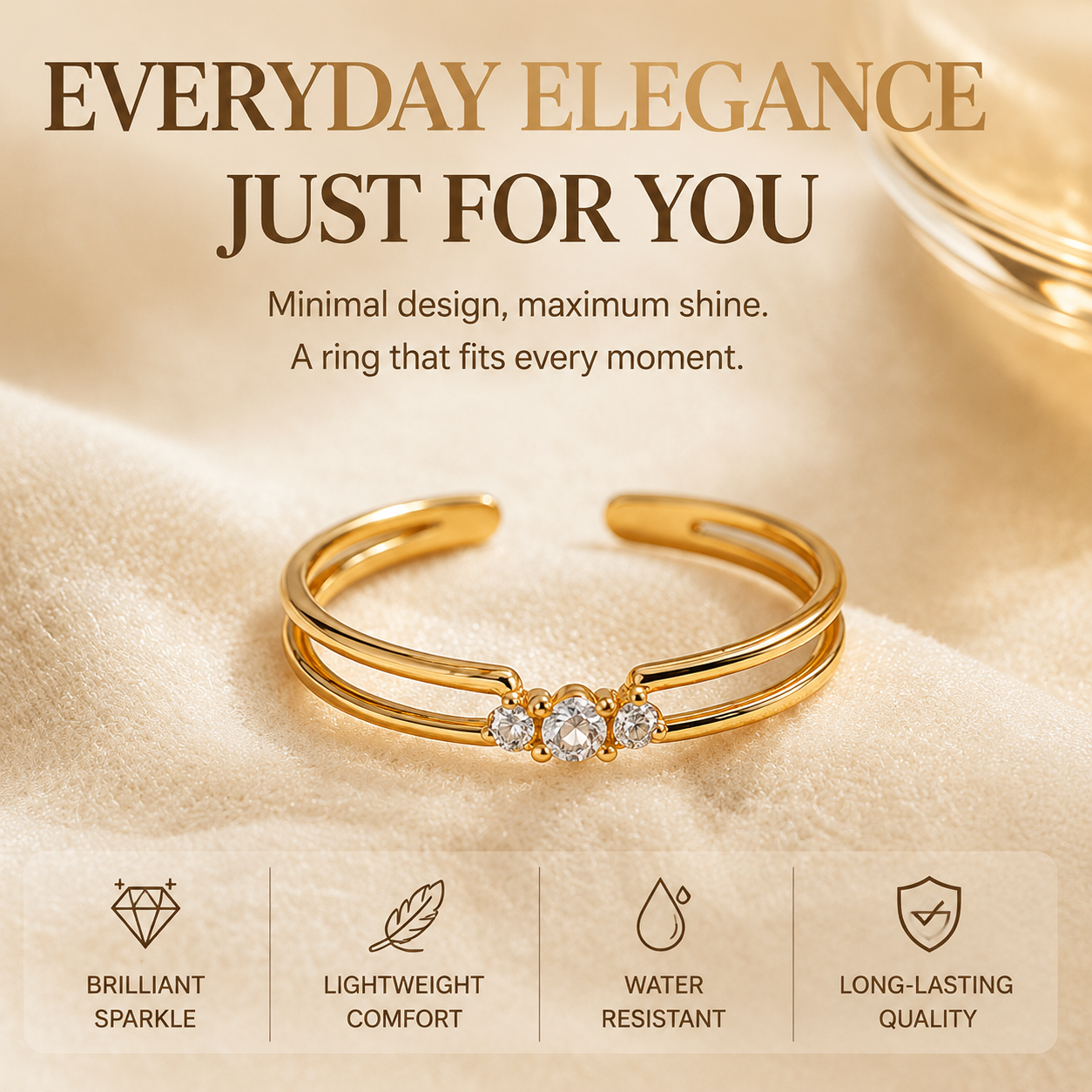 Delicate Three-Stone Open Ring, Adjustable Stackable Gold-Tone Ring for Women
