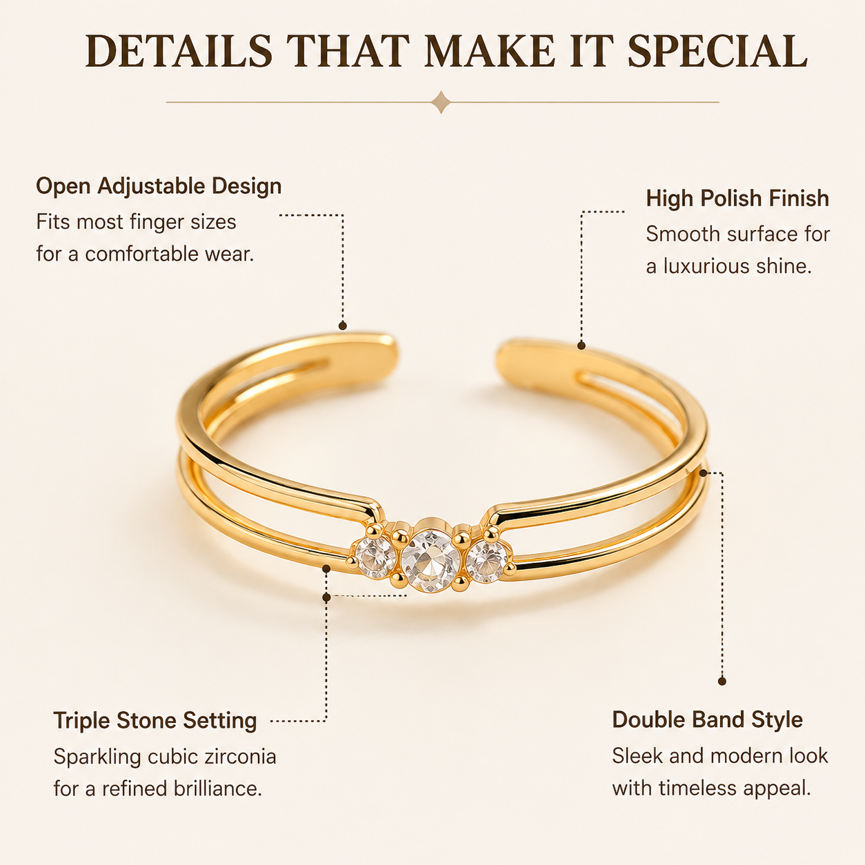 Delicate Three-Stone Open Ring, Adjustable Stackable Gold-Tone Ring for Women