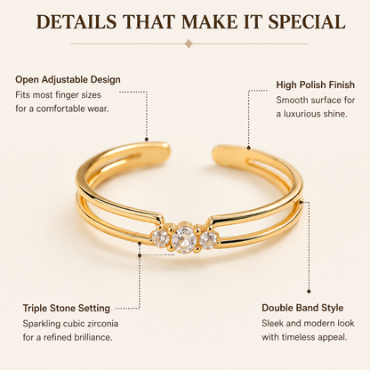Delicate Three-Stone Open Ring, Adjustable Stackable Gold-Tone Ring for Women